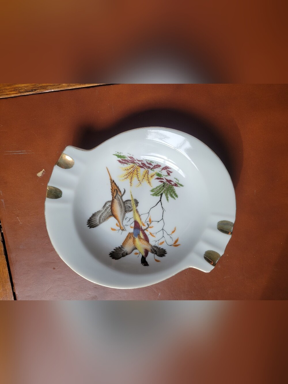 Norleans Japan pheasant ashtray unqiue shape with gold trim pheasant ashtray